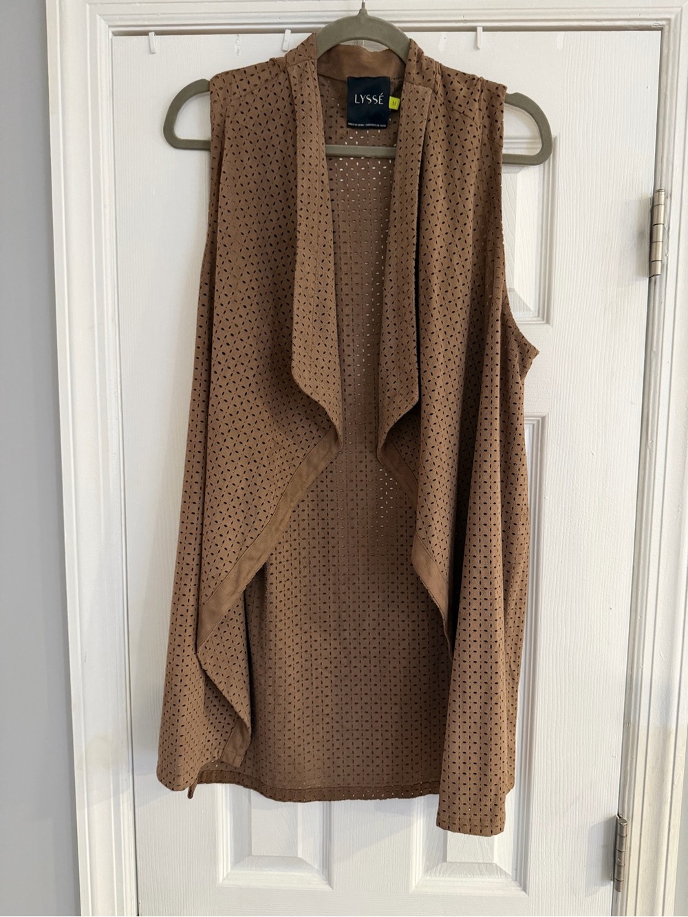 LYSSÉ Camel Perforated Faux Suede Waterfall Draped Vest Size M